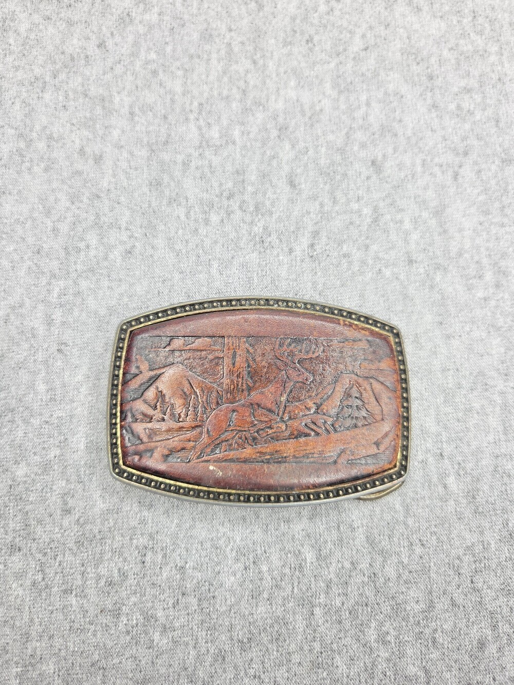 Vintage Alumaline 4108 Running Deer Embossed Leather Inlay Belt Buckle BB 317